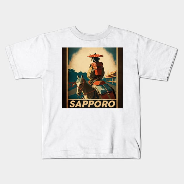 Sapporo Japan Samurai Vintage Travel Art Poster Kids T-Shirt by OldTravelArt